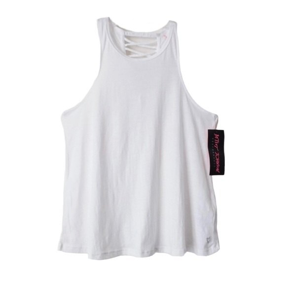Betsey Johnson Active Tank White Lattice Back Athletic Athleisure M - Picture 1 of 9